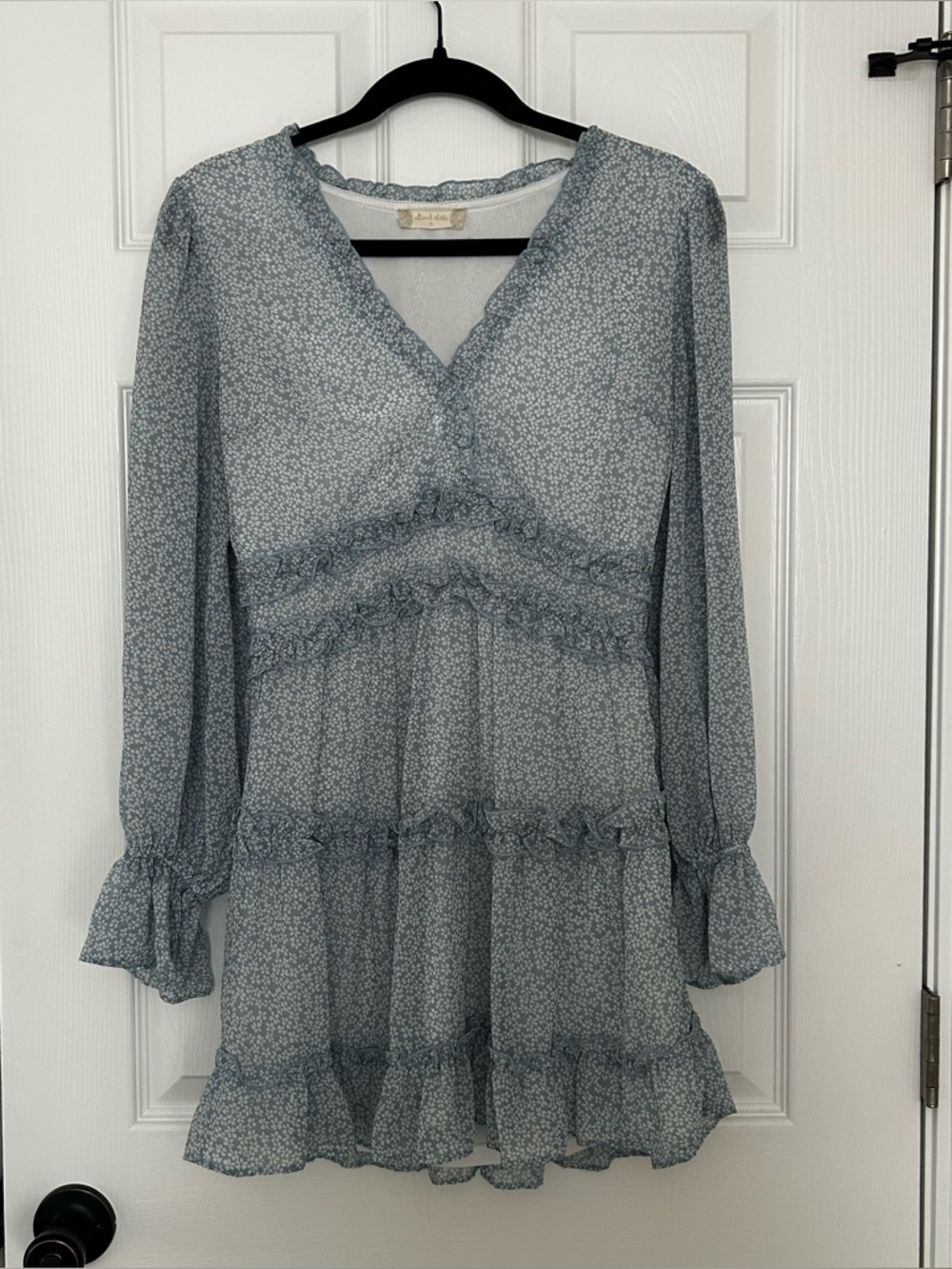 Altar'd State Light Blue Floral Long-Sleeve Tiered Mini Dress